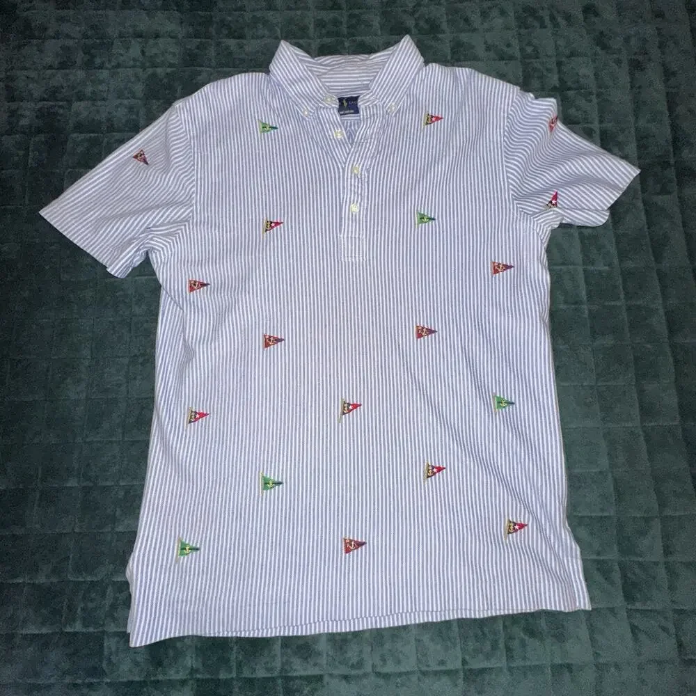 Ralph Lauren Adult Half Button Down Shirt Small (S) Blue White Pennant Preppy